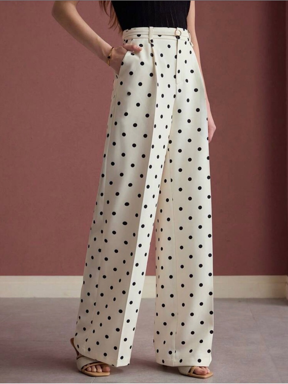 MOTF Cream Wide-Leg Polka Dot Pants no belt s